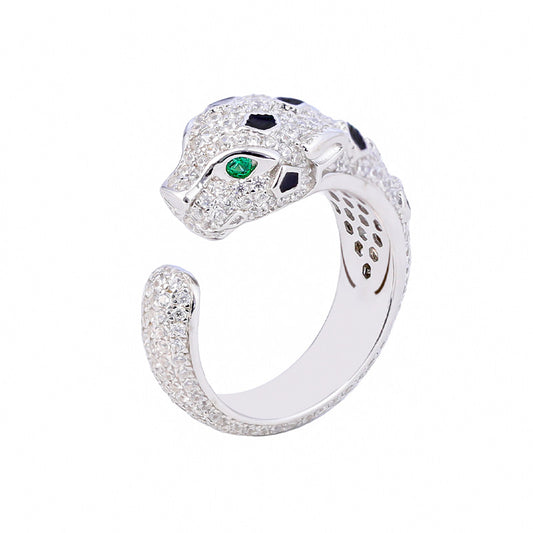 Open leopard head ring new S925 sterling silver gold-plated diamond spotted leopard head