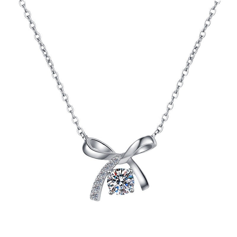 s925 sterling silver necklace women's bow pendant set moissanite