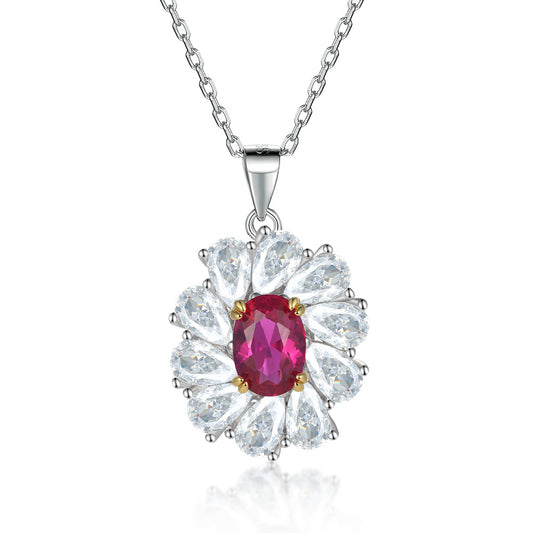 High-grade red zircon flower-shaped pendant ruby female 925 sterling silver clavicle necklace