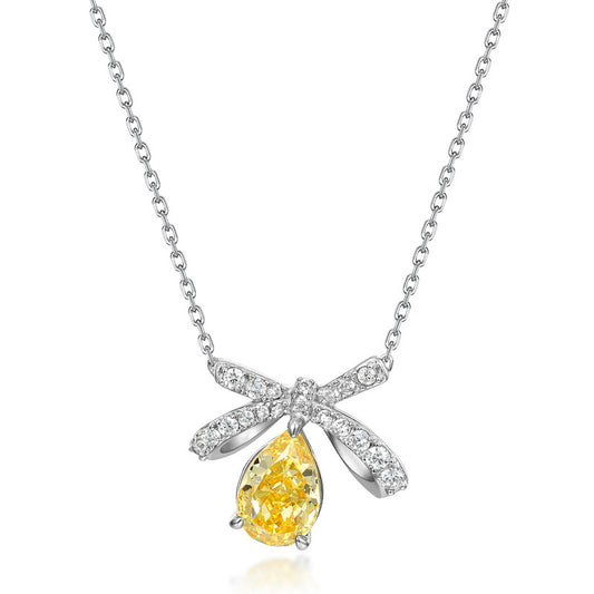 Bowknot colored gemstone necklace female S925 silver ice flower cut high carbon diamond pendant clavicle chain